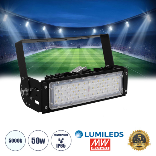 GLOBOSTAR® GOLIATH 90100-1 Προβολέας για Γήπεδα Tennis & Ποδοσφαίρου 5x5 LED 50W 7500lm 75°x135° SDCM<5 Fish Eye Lens AC 220-240V Αδιάβροχο IP65 IK08 Φυσικό Λευκό 5000K - Lumileds SMD Chip & Mean Well Driver - Μαύρο Ματ - Μ32 x Π12 x Υ9cm - 5 Χρόνια Εγγύηση