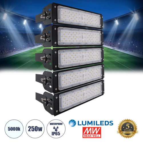 GLOBOSTAR® GOLIATH 90100-5 Προβολέας για Γήπεδα Tennis & Ποδοσφαίρου 5x5 LED 250W 37500lm 75°x135° SDCM<5 Fish Eye Lens AC 220-240V Αδιάβροχο IP65 IK08 Φυσικό Λευκό 5000K - Lumileds SMD Chip & Mean Well Driver - Μαύρο Ματ - Μ32 x Π12 x Υ45cm - 5 Χρόνια Εγγύηση