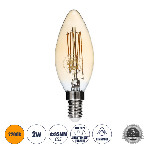 GLOBOSTAR® CANDLE 99058 Λάμπα Κεράκι E14 C35 LED 2W 140lm 360° AC 220-240V IP20 Ultra Θερμό Λευκό 2200K Dimmable - Ultra Thin Soft Spiral Filament Chip - Μελί - Μ3.5 x Π3.5 x Υ10.5cm - 3 Χρόνια Εγγύηση