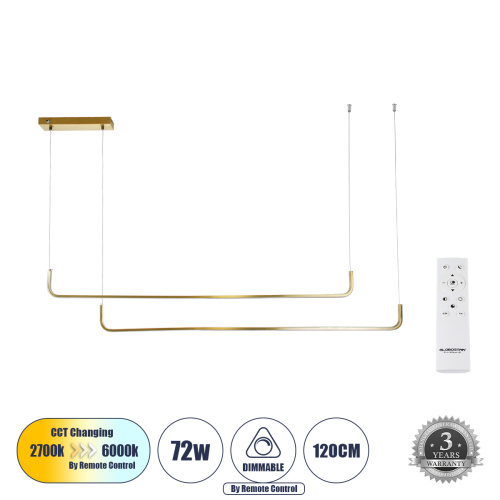 GLOBOSTAR® LINARIA DUO 60926 Μοντέρνο Κρεμαστό Φωτιστικό Οροφής LED 72W 8300lm 200° AC 220-240V IP20 Ρυθμιζόμενο Λευκό CCT με Χειριστήριο από 2700K έως 6000K Dimmable - Lumileds SMD Chip - Χρυσό Βούρτσας - Μ220 x Π4 x Υ25cm - 3 Χρόνια Εγγύηση