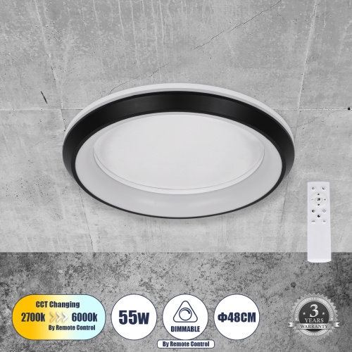 GLOBOSTAR® MELINA 61040 Μοντέρνο Φωτιστικό Οροφής LED 55W 6376lm 120° AC 220-240V IP20 Ρυθμιζόμενο Λευκό CCT με Χειριστήριο από 2700K έως 6000K Dimmable - Lumileds SMD Chip - Μαύρο Ματ - Μ48 x Π48 x Υ9cm - 3 Χρόνια Εγγύηση