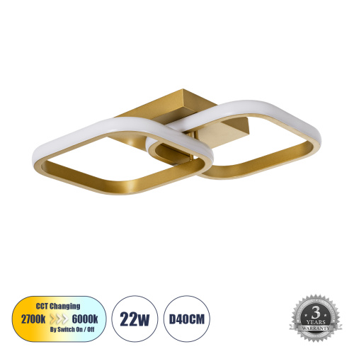 GLOBOSTAR® NORA 61063 Μοντέρνο Φωτιστικό Οροφής LED 22W 2640lm 300° AC 220-240V IP20 Ρυθμιζόμενο Λευκό CCT με On/Off 2700K/4500K/6000K - Lumileds SMD Chip - Χρυσό Βούρτσας - Μ40 x Π24 x Υ7cm - 3 Χρόνια Εγγύηση