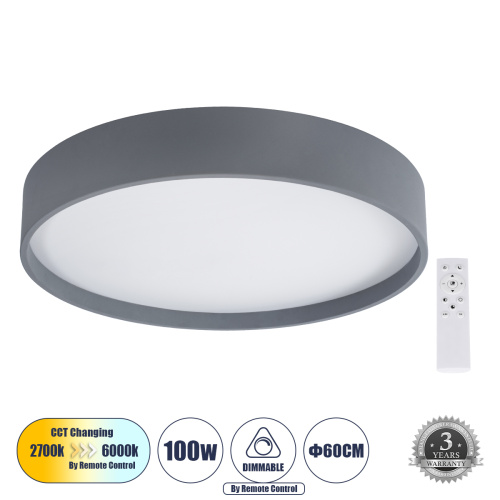 GLOBOSTAR® NARNIA 61260 Μοντέρνο Φωτιστικό Οροφής LED 100W 11500lm 120° AC 220-240V IP20 Ρυθμιζόμενο Λευκό CCT με Χειριστήριο από 2700K έως 6000K Dimmable - Lumileds SMD Chip - Γκρι - Μ60 x Π60 x Υ10cm - 3 Χρόνια Εγγύηση
