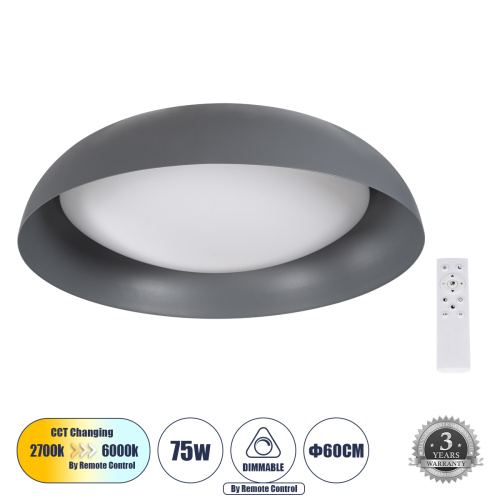 GLOBOSTAR® ANATOLIA 61265 Μοντέρνο Φωτιστικό Οροφής LED 75W 8625lm 120° AC 220-240V IP20 Ρυθμιζόμενο Λευκό CCT με Χειριστήριο από 2700K έως 6000K Dimmable - Lumileds SMD Chip - Γκρι - Μ60 x Π60 x Υ13cm - 3 Χρόνια Εγγύηση
