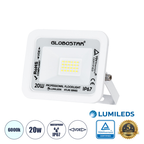GLOBOSTAR® ATLAS 61407 Προβολέας LED 20W 2500lm 120° AC 220-240V Αδιάβροχο IP67 Ψυχρό Λευκό 6000K - Lumileds SMD Chip - TÜV Rheinland Certified - Λευκό Ματ - Μ12 x Π2.5 x Υ9.5cm - 5 Χρόνια Εγγύηση