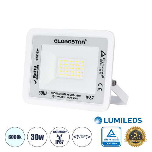 GLOBOSTAR® ATLAS 61413 Προβολέας LED 30W 3750lm 120° AC 220-240V Αδιάβροχο IP67 Ψυχρό Λευκό 6000K - Lumileds SMD Chip - TÜV Rheinland Certified - Λευκό Ματ - Μ16 x Π2.5 x Υ12.5cm - 5 Χρόνια Εγγύηση