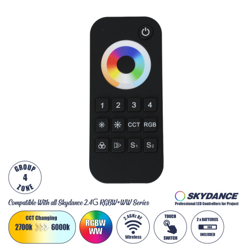 GLOBOSTAR® SKYDANCE-RT10 71544 RF Ασύρματο Χειριστήριο Αφής 4 Group για όλα τα Πολύχρωμα RGBW+WW SKYDANCE Controller - DC 3V 2 x AAA IP20 - RF2.4Ghz - Μ12.2 x Π5.3 x Υ1.7cm - 5 Χρόνια Εγγύηση
