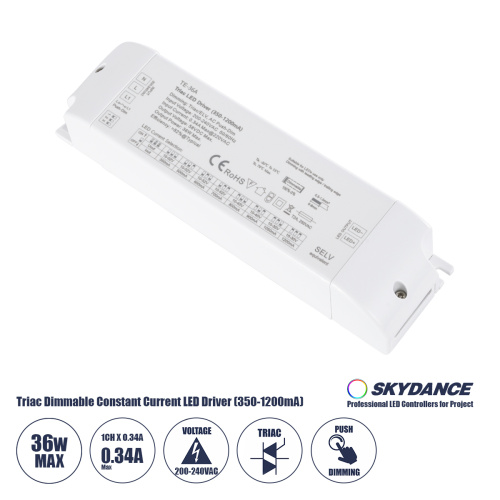 GLOBOSTAR® SKYDANCE-TE-36A 73135 DC Triac & Push Dimmer CC Τροφοδοτικό/Μετασχηματιστής SELV με 1 x 320-1200mA 36W Κανάλι AC 220-240V σε DC 10-52V 1200mA 36W Max IP20 - Triac & Push Dimming - Μ17.5 x Π4.4 x Υ3cm - 5 Χρόνια Εγγύηση