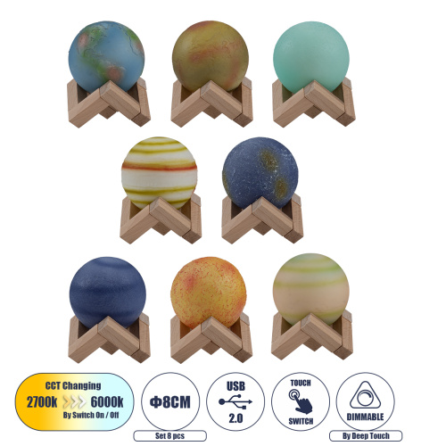 GloboStar® MOON 79609 Επιτραπέζιο Φωτιστικό Πορτατίφ LED 2W 120lm 360° DC 5V IP20 CCT Θερμό Λευκό 2700K - Φυσικό Λευκό 4500K - Ψυχρό Λευκό 6000K Dimmable Πολύχρωμο Πλαστικό με Μπεζ Ξύλο - Μ8 x Π8 x Υ11cm - ΣΕΤ 8 Τεμαχίων - 2 Xρόνια Εγγύηση