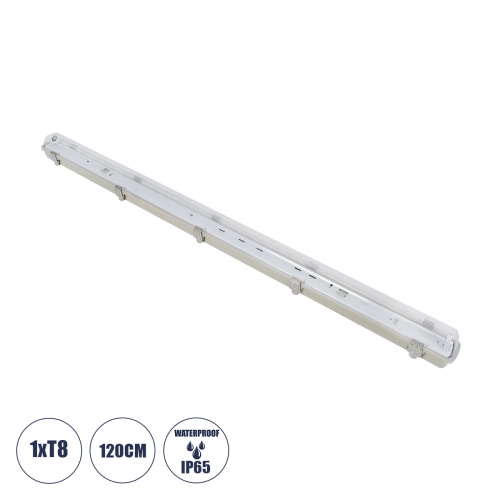 GLOBOSTAR® VIGAS 90612 Γραμμικό Βιομηχανικό Φωτιστικό Σκαφάκι Tri-Proof με Μεταλλικά Clips για 1 x Λάμπα T8 G13 120cm Τύπου Φθορίου LED Τροφοδοσίας Ενός Άκρου 120° AC 220-240V Αδιάβροχο IP65 - Γκρι με Διάφανο Κάλυμμα Πλαστικό PC - Μ126 x Π8 x Υ8.5cm