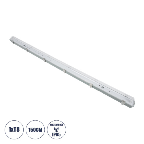 GLOBOSTAR® VIGAS 90614 Γραμμικό Βιομηχανικό Φωτιστικό Σκαφάκι Tri-Proof με Μεταλλικά Clips για 1 x Λάμπες T8 G13 150cm Τύπου Φθορίου LED Τροφοδοσίας Ενός Άκρου 120° AC 220-240V Αδιάβροχο IP65 - Γκρι με Διάφανο Κάλυμμα Πλαστικό PC - Μ156 x Π8 x Υ9cm