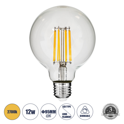 GLOBOSTAR® BUBBLE 99011 Λάμπα E27 G95 LED 12W 1200lm 360° AC 220-240V IP20 Θερμό Λευκό 2700K Dimmable - Long Filament Chip - Διάφανο - Μ9.5 x Π9.5 x Υ13.7cm - 3 Χρόνια Εγγύηση