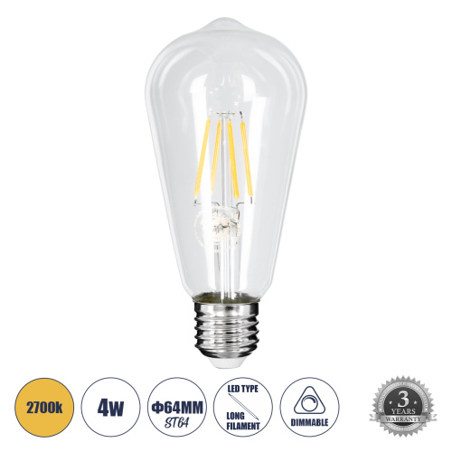 GLOBOSTAR® PEAR 99015 Λάμπα E27 ST64 LED 4W 400lm 360° AC 220-240V IP20 Θερμό Λευκό 2700K Dimmable - Long Filament Chip - Διάφανο - Μ6.4 x Π6.4 x Υ14cm - 3 Χρόνια Εγγύηση