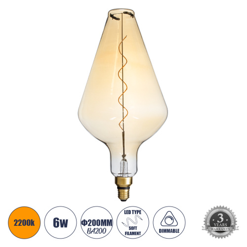 GLOBOSTAR® ROCKET 99022 Λάμπα E27 BA200 LED 6W 420lm 360° AC 220-240V IP20 Ultra Θερμό Λευκό 2200K Dimmable - Soft S Spiral Filament Chip - Μελί - Μ20 x Π20 x Υ41.5cm - 3 Χρόνια Εγγύηση