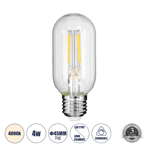 GLOBOSTAR® TUBIS 99057 Λάμπα Σωλήνας E27 T45 LED 4W 440lm 360° AC 220-240V IP20 Φυσικό Λευκό 4500K Dimmable - Long Filament Chip - Διάφανο - Μ4.5 x Π4.5 x Υ11cm - 3 Χρόνια Εγγύηση