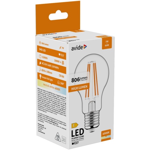 Avide LED Filament Κοινή 7W E27 Λευκό 4000K