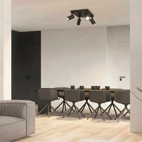 kelvo® SPOTA KLV-101-0146 Κινούμενο Φωτιστικό Σποτ Οροφής για 4 Λάμπες MR16 με Ντουί GU10 AC 220-240V IP20 - Μαύρο Ματ - Μ26 x Π26 x Υ14cm