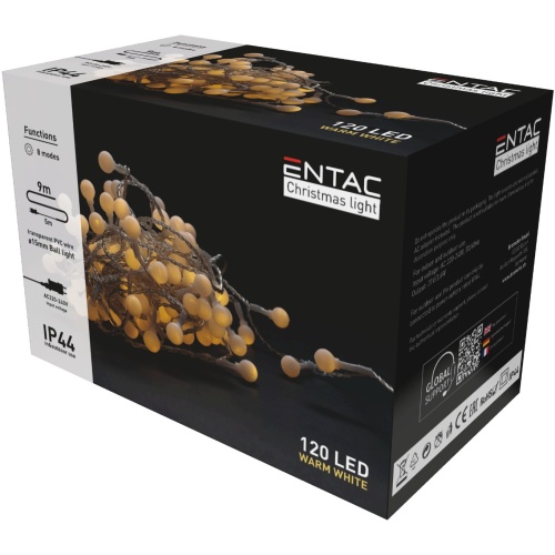 Entac Χριστουγεννιάτικα Λαμπάκια σε σχήμα Μπάλας 15mm IP44 120LED 9m Θερμό Λευκό